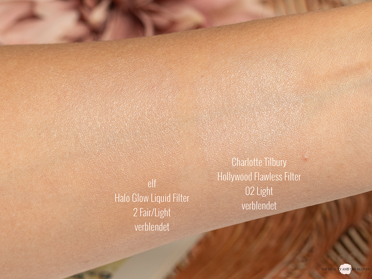 e.l.f. halo glow liquid filter charlotte tilbury hollywood flawless filter swatches verlgleich